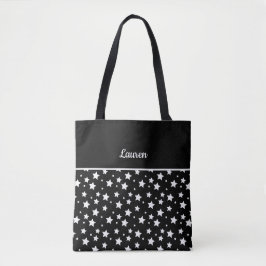 Witte sterren op zwart en aangepaste naam tote bag