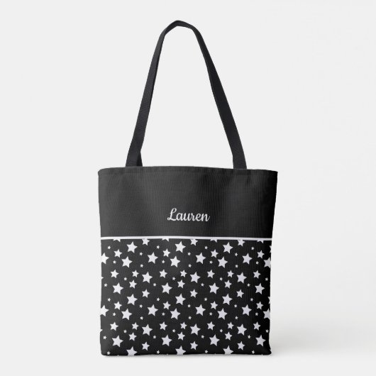Witte sterren op zwart en aangepaste naam tote bag (Achterkant)