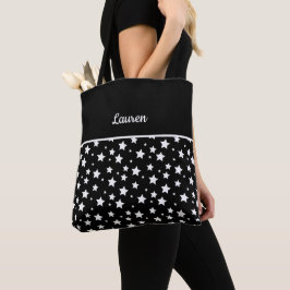 Witte sterren op zwart en aangepaste naam tote bag
