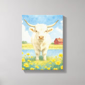 Witte stier in het veld met bloemen en boerderij canvas afdruk (Voorkant)