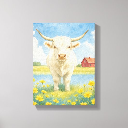 Witte stier in het veld met bloemen en boerderij canvas afdruk (Voorkant)