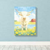 Witte stier in het veld met bloemen en boerderij canvas afdruk (Insitu (Houten vloer))