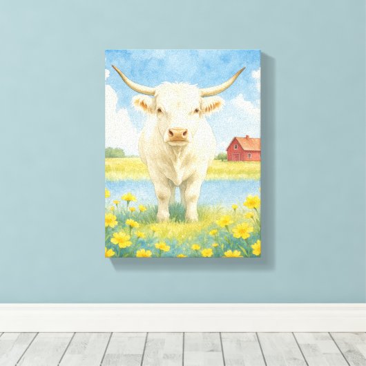 Witte stier in het veld met bloemen en boerderij canvas afdruk (Insitu (Houten vloer))