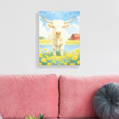 Witte stier in het veld met bloemen en boerderij canvas afdruk (Insitu (Woonkamer))