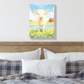 Witte stier in het veld met bloemen en boerderij canvas afdruk (Insitu (Slaapkamer))