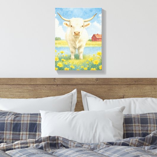 Witte stier in het veld met bloemen en boerderij canvas afdruk (Insitu (Slaapkamer))