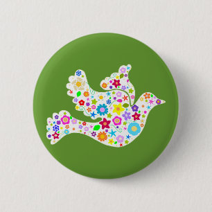 Witte stip van bloemen ronde button 5,7 cm