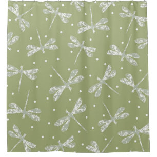 Witte stippen met jonge olijven en libellen douchegordijn
