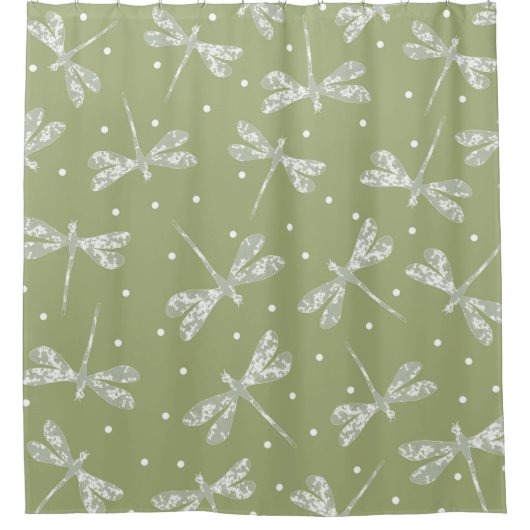 Witte stippen met jonge olijven en libellen douchegordijn (Voorkant)