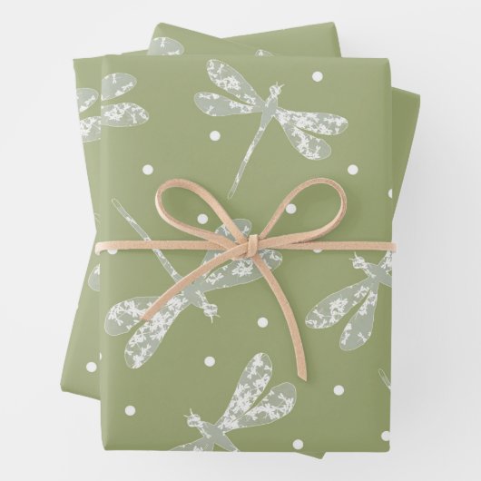 Witte stippen met jonge olijven en libellen inpakpapier vel (In situ)