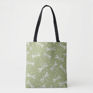 Witte stippen met jonge olijven en libellen tote bag