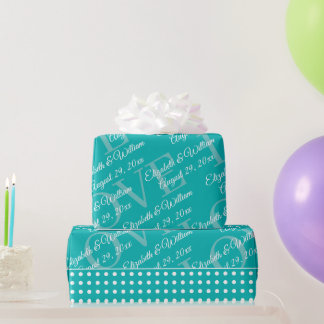 Witte Stippen op Turkoois – Persoonlijke Trouwdag Cadeaupapier