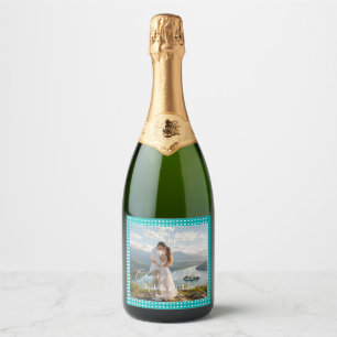 Witte Stippen op Turquoise – Persoonlijke Trouwdag Sparkling Wijnetiket