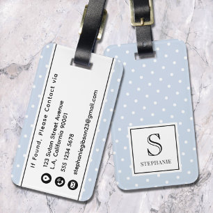 Witte Stippenpatroon Monogram & Naam Lichtblauw Bagagelabel