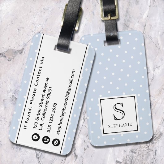 Witte Stippenpatroon Monogram & Naam Lichtblauw Bagagelabel