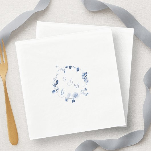 Witte Stof Blauw Monogram Bloem Bruiloft Servet