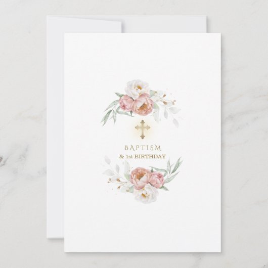 Witte Stof Rose Bloemen Eerste Verjaardag & Doop Kaart (Achterkant)