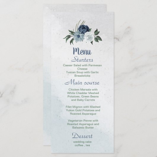 witte stoffige blauwe en marinebloemen groen menu (Voorkant / Achterkant)