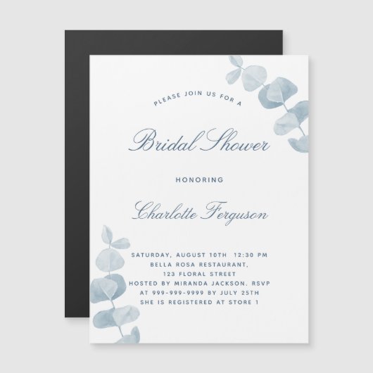 Witte, stoffige blauwe eucalyptusluxe vrijgezellen magnetische uitnodiging (Voorkant / Achterkant)