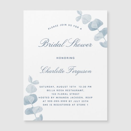 Witte, stoffige blauwe eucalyptusluxe vrijgezellen magnetische uitnodiging (Voorkant)