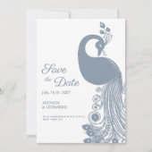 Witte stoffige blauwe pauw elegant Save the Date Kaart (Voorkant)