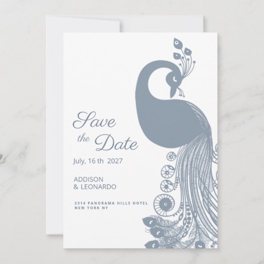 Witte stoffige blauwe pauw elegant Save the Date Kaart (Voorkant)