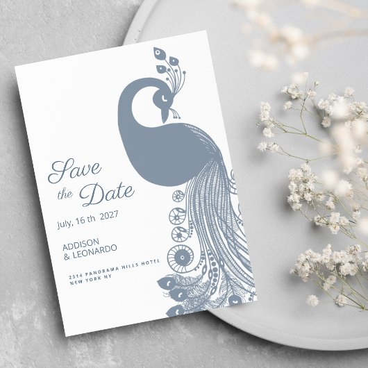 Witte stoffige blauwe pauw elegant Save the Date Kaart