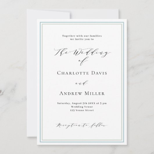 Witte stoffige blauwe salie groen formele bruiloft kaart (Voorkant)