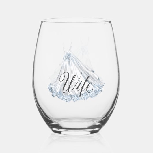 Witte Stoffige Blauwe Trouwjurk voor Vrouw Wijnglas Zonder Voet (Voorkant)