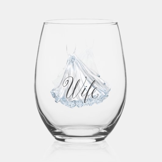 Witte Stoffige Blauwe Trouwjurk voor Vrouw Wijnglas Zonder Voet (Achterkant)