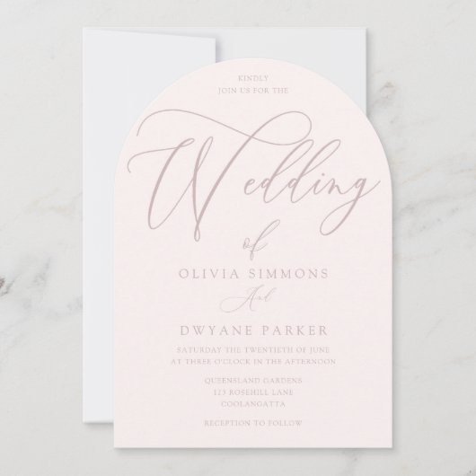 Witte & stoffige roze moderne boog bruiloft kaart (Voorkant)