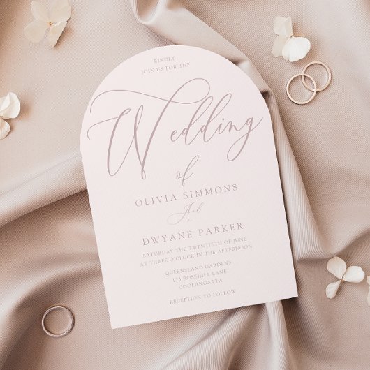 Witte & stoffige roze moderne boog bruiloft kaart