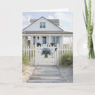 Witte strandcottage in duingras voor verjaardag kaart