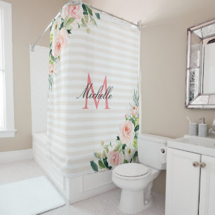 witte strepen blozen florale monogram douchegordij douchegordijn