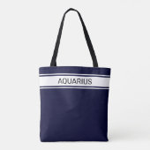 Witte strepen en aquariustekst op marineblauw tote bag (Achterkant)