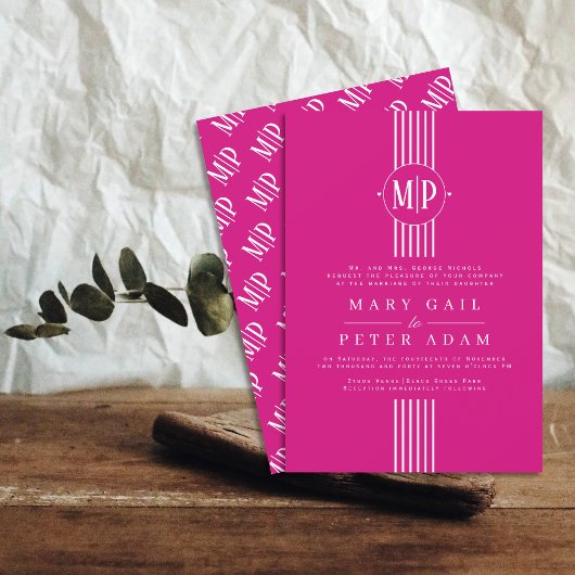 Witte strepen en initialen magenta bruiloft kaart