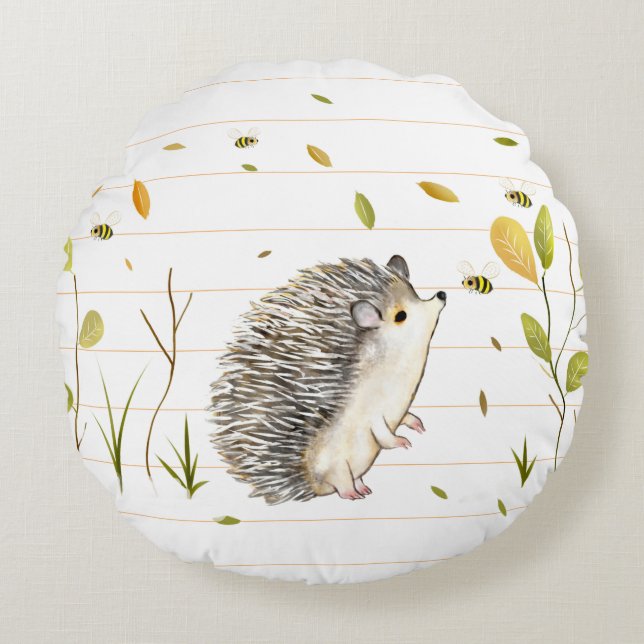 Witte Strepen Hedgehog Rond Kussen (Voorkant)