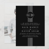 Witte strepen, initialen en foto zwart bruiloft kaart (Voorkant / Achterkant)