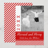 Witte strepen met kerstfoto, gehuwd en verrukt roo feestdagenkaart (Voorkant / Achterkant)