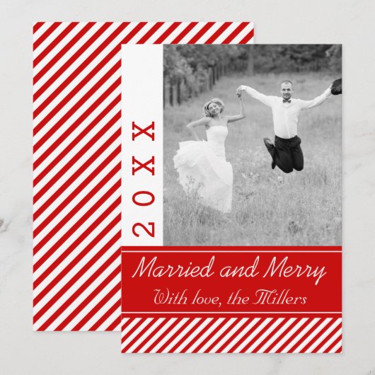 Witte strepen met kerstfoto, gehuwd en verrukt roo feestdagenkaart (Voorkant / Achterkant)