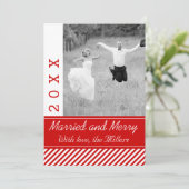 Witte strepen met kerstfoto, gehuwd en verrukt roo feestdagenkaart (Staand voorkant)