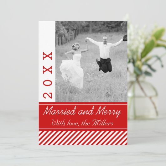 Witte strepen met kerstfoto, gehuwd en verrukt roo feestdagenkaart (Staand voorkant)