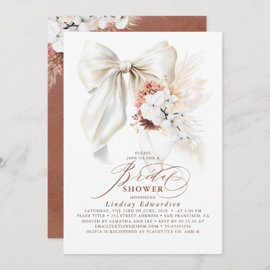 Witte strik bloem terracotta boho bruidsdouche kaart (Voorkant / Achterkant)