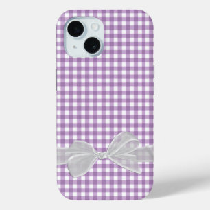Witte strik op Paarse gingham iPhone 15 Case