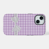 Witte strik op Paarse gingham iPhone 15 Case (Achterkant horizontaal)