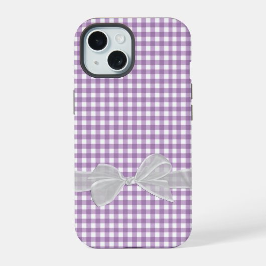 Witte strik op Paarse gingham iPhone 15 Case (Achterkant)