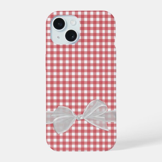 Witte strik op rood-wit geruit iPhone 15 case (Achterkant)