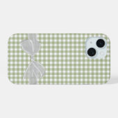 Witte strik op Sage Green Gingham iPhone 15 Case (Achterkant horizontaal)