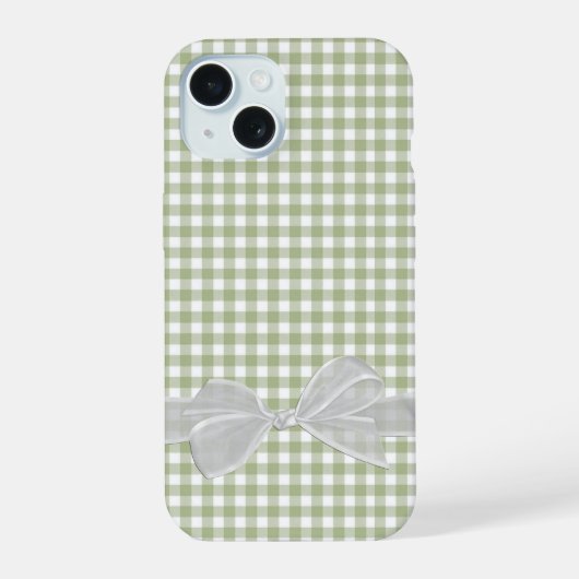 Witte strik op Sage Green Gingham iPhone 15 Case (Achterkant)