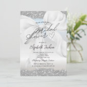 Witte strik zilveren glans glitter bruiloftsfeest  kaart (Staand voorkant)